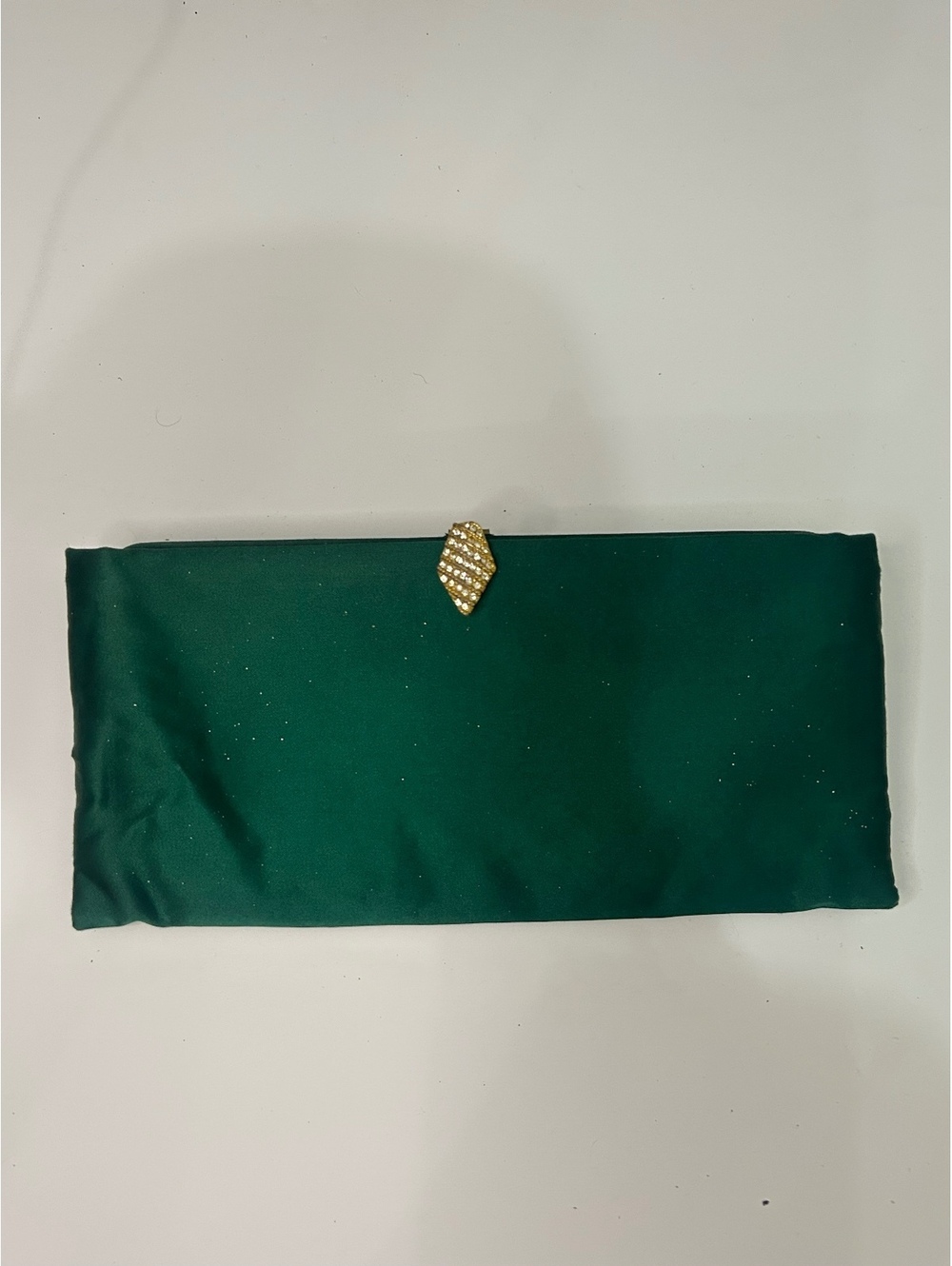Vintage 60s Elegant Green Satin Clutch Evening Bag with Gold Rhinestone Clasp
